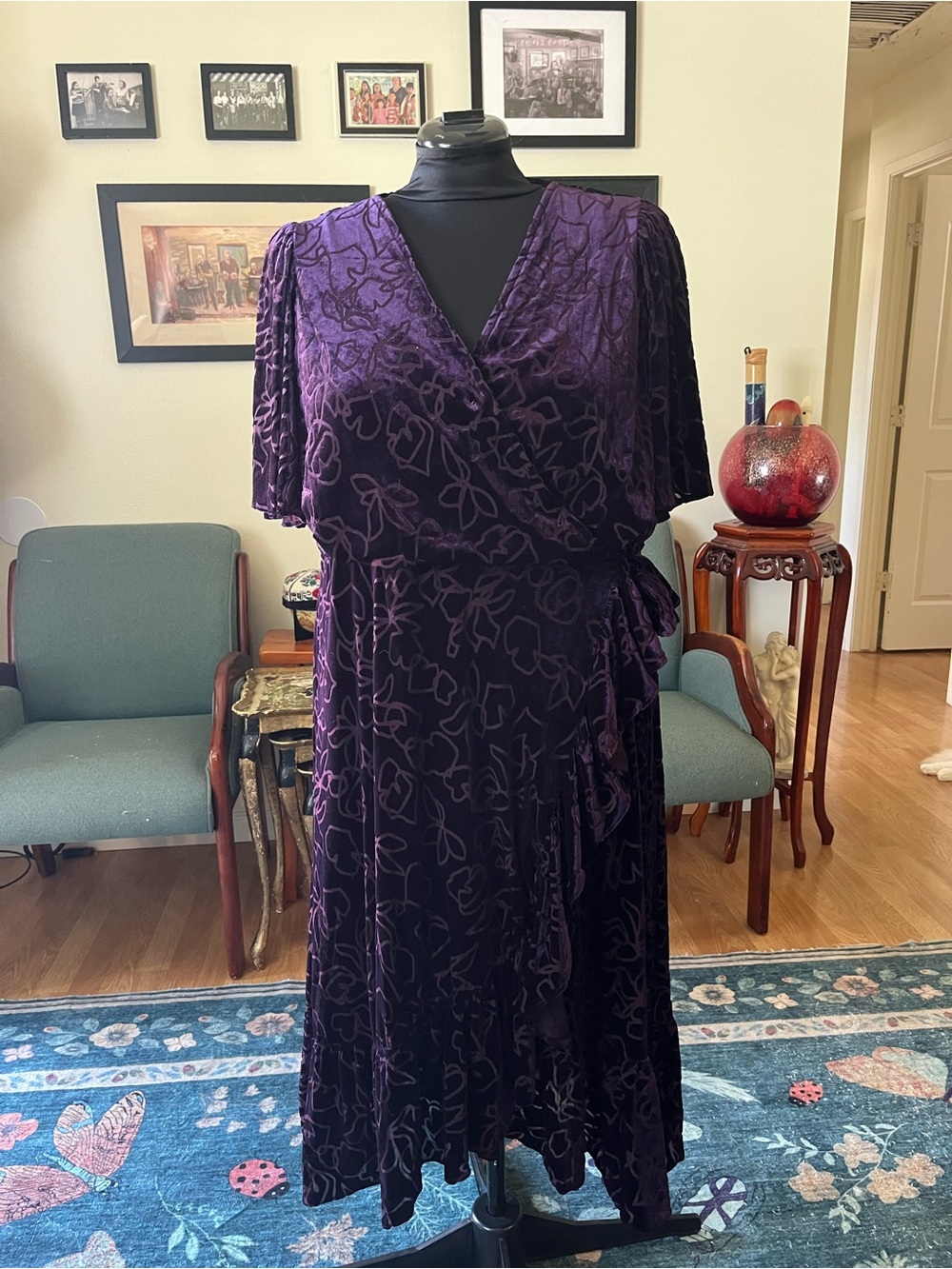 Calvin Klein Deep Purple Velvet Wrap Midi Dress